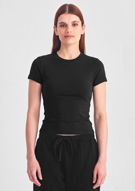 A women's black baby tee with short sleeves, fitted design, and a logo on the front.