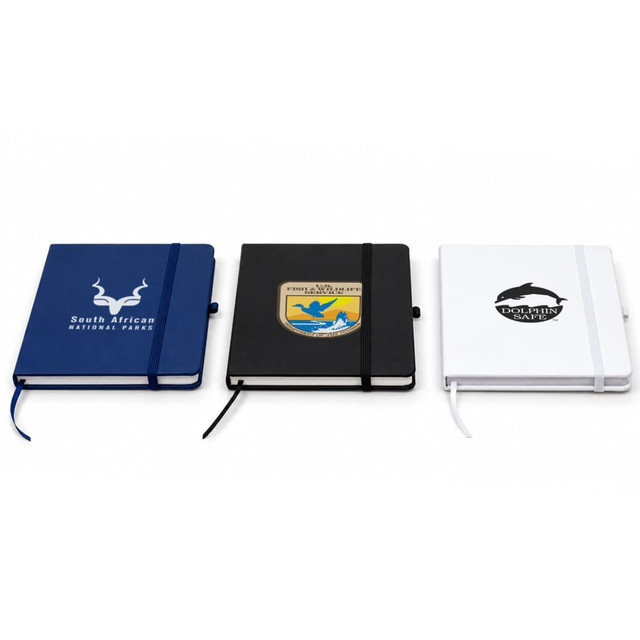 Three FSC notebooks in blue, black, and white, each with a distinct logo on the cover.
