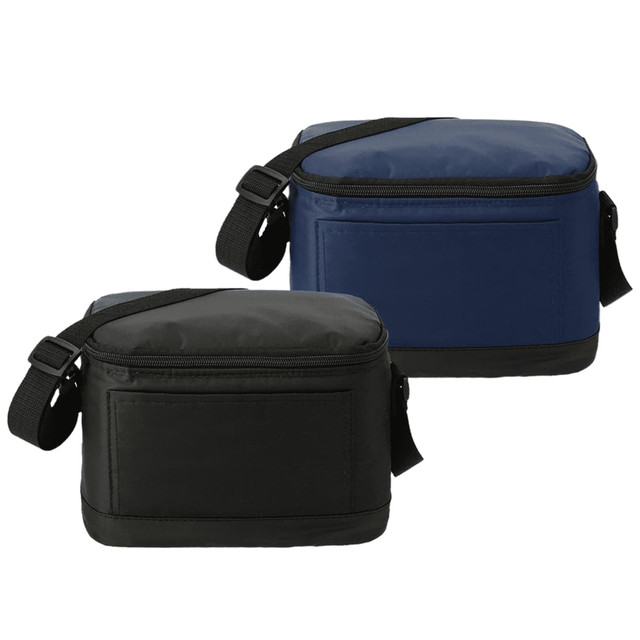 A classic insulated cooler bag in black and navy blue, featuring an adjustable strap and a logo.