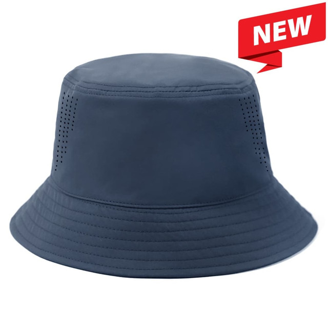 A navy bucket hat featuring ventilation holes and a logo. The hat has a wide brim and a classic design.