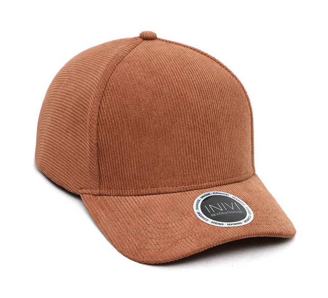 A brown cord cap with a curved brim and a circular logo on the front.