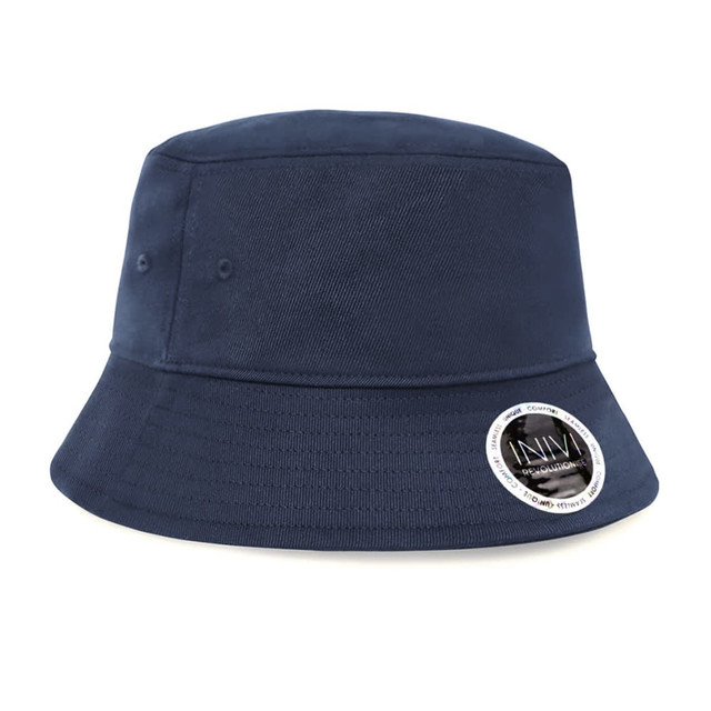 A navy bucket hat made of cotton and spandex, featuring a logo on the side.