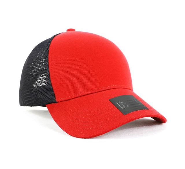 A red and black cap with a mesh back and a branding label on the front.