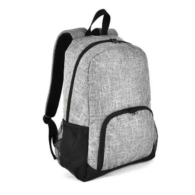 A grey college backpack with a textured finish and black accents, featuring adjustable straps and a front pocket.