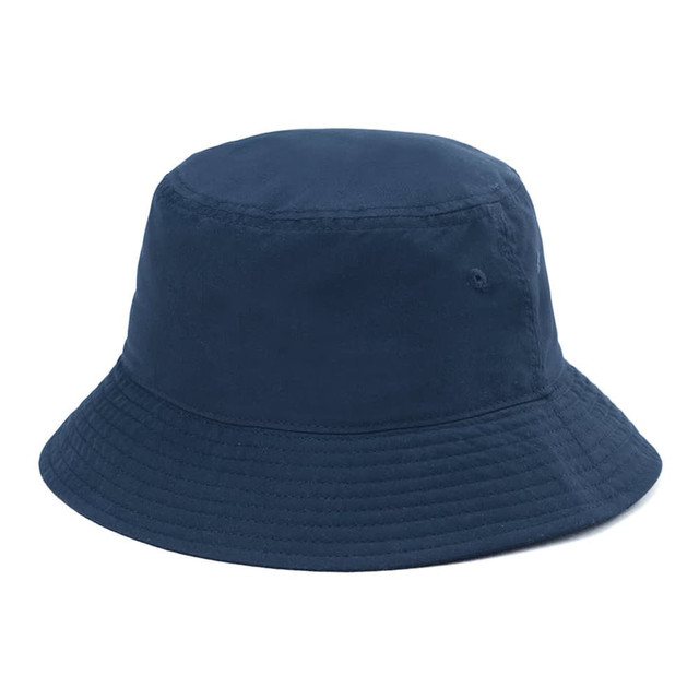 A navy blue bucket hat with a wide brim and a simple design, featuring a logo.