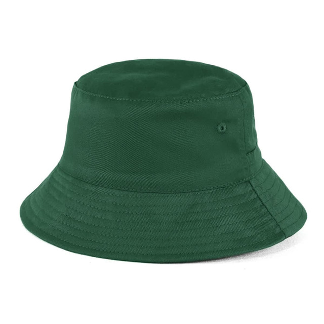 A green bucket hat with a wide brim and a simplistic design. It features a logo on the side.