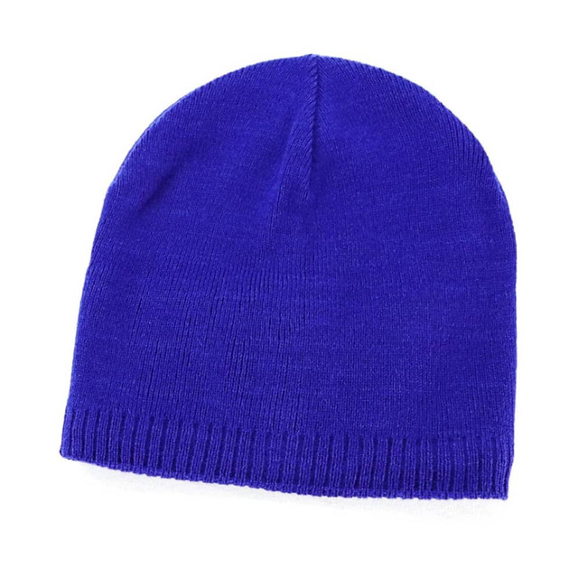 Acrylic beanie in vibrant royal blue, featuring a soft inner lining and a knitted texture. Includes a logo.
