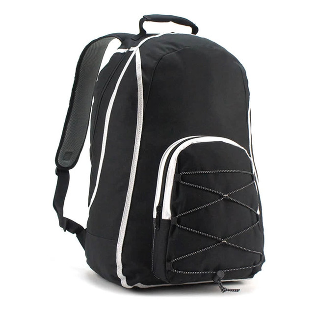 A black backpack with white accents and a front cord design. Features adjustable straps and a carry handle.