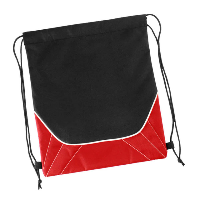 A drawstring bag featuring a black top and red lower section, with white detailing and a logo.