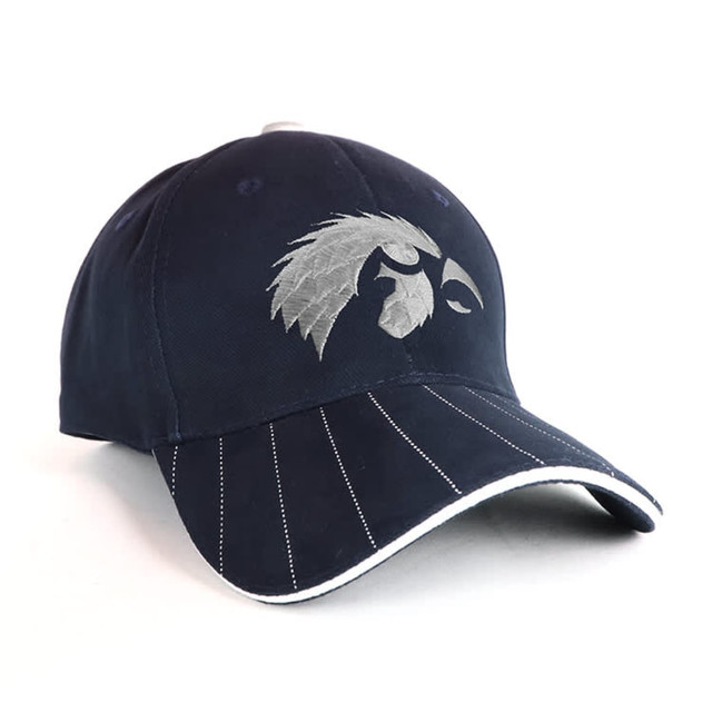 A navy cap featuring a stitched design and white accents, with a logo prominently displayed on the front.
