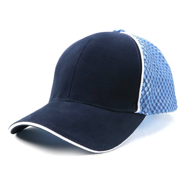 A navy cap with a blue mesh panel and a curved brim, featuring a logo on the front.