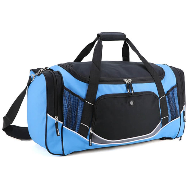 A blue and black duffle bag with zippered compartments and a shoulder strap. It features mesh side pockets and a logo.