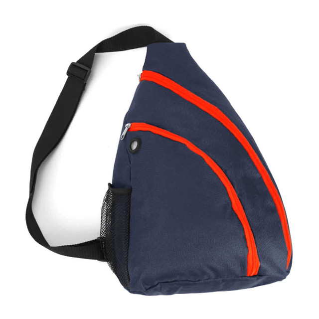 A navy sling backpack featuring orange zippers and a side mesh pocket. It has a single shoulder strap for carrying.
