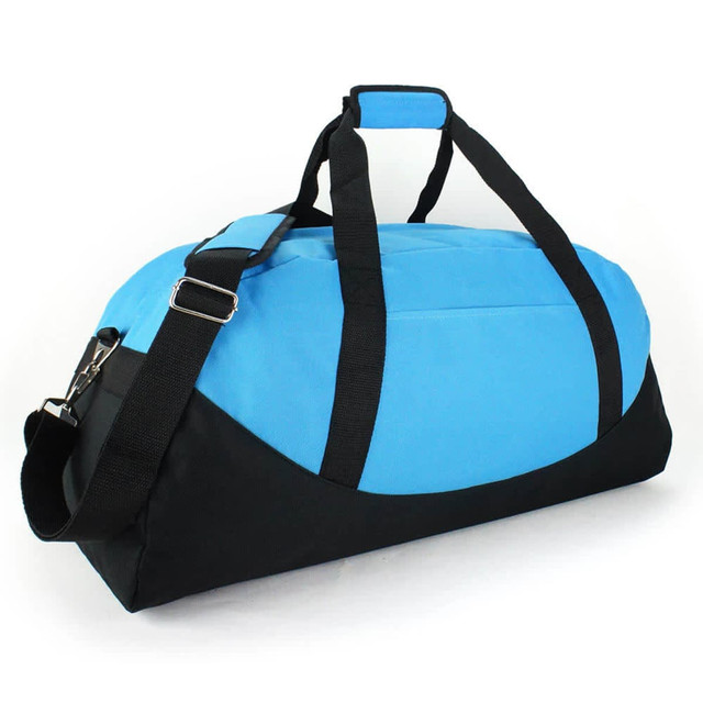A blue and black duffle bag with dual carrying handles and an adjustable shoulder strap. It features a logo.