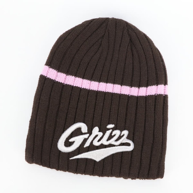 Acrylic cable knit beanie in brown with pink stripes and a logo.