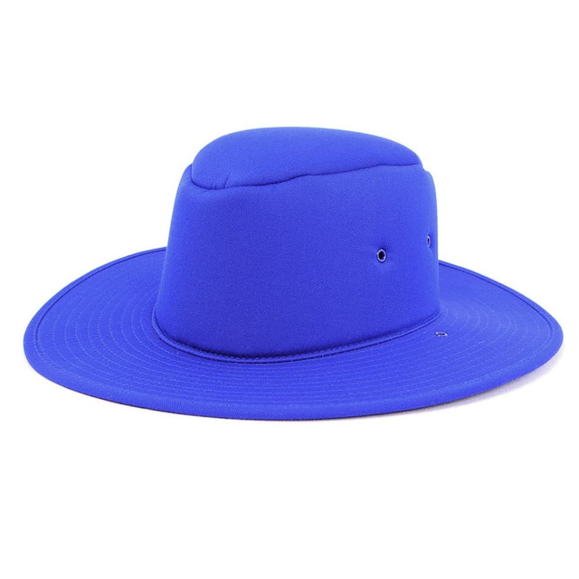 A blue foam hat featuring a wide brim and ventilation holes, designed for headwear use.