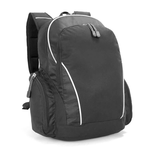 A black backpack with white detailing, featuring multiple compartments and zippers. It has a logo on the front.