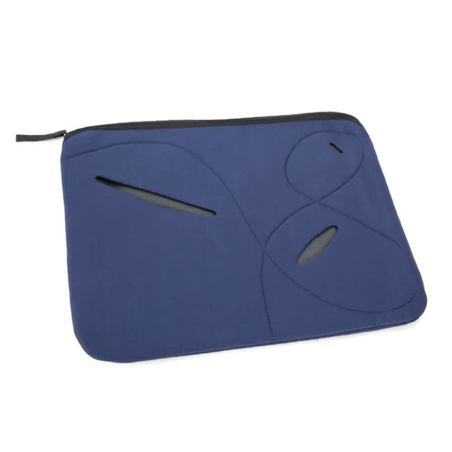 A navy blue laptop sleeve with unique cut-out designs and a zip closure, featuring a logo.