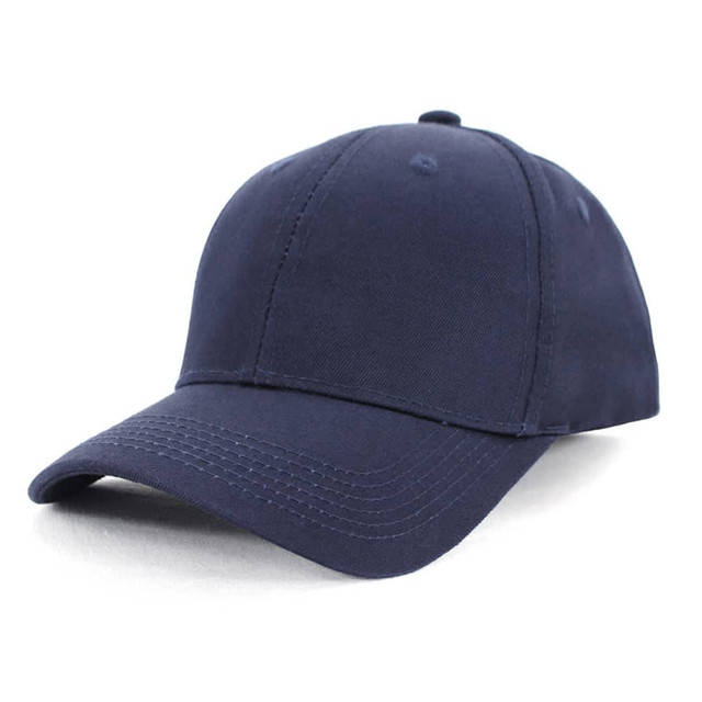 A navy blue cap with a structured design, featuring a curved brim and an adjustable back. Includes a logo.