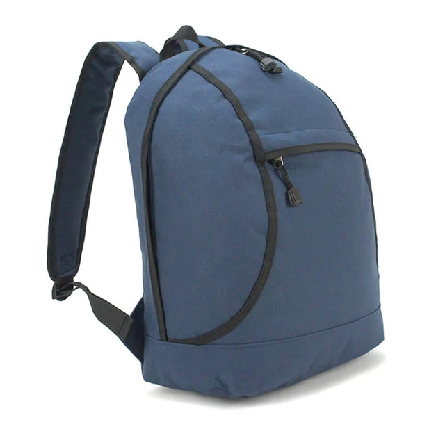 A blue basic backpack with a zippered front pocket and padded shoulder straps. It features branding on the surface.