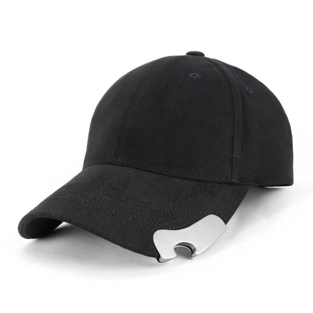 A black cap featuring a silver bottle opener attachment and a logo on the side.