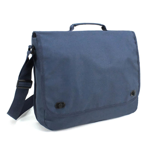 A navy blue business carry bag with a shoulder strap and a top handle, featuring a logo.