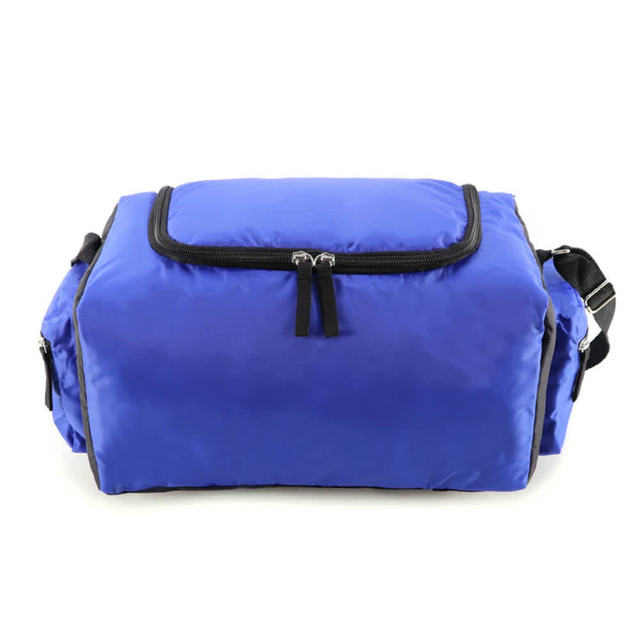A large blue cooler bag with zip closure and handles, featuring side pockets and a logo.