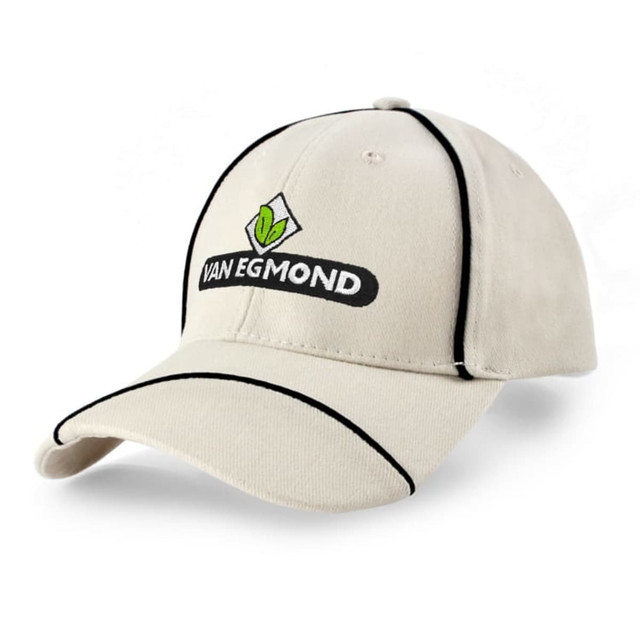 A cream cap with black piping and a logo on the front. It features a structured baseball-style design.