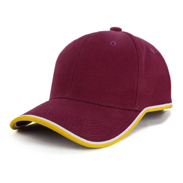 A maroon cap with a yellow trim and a curved brim. It features a logo on the front.