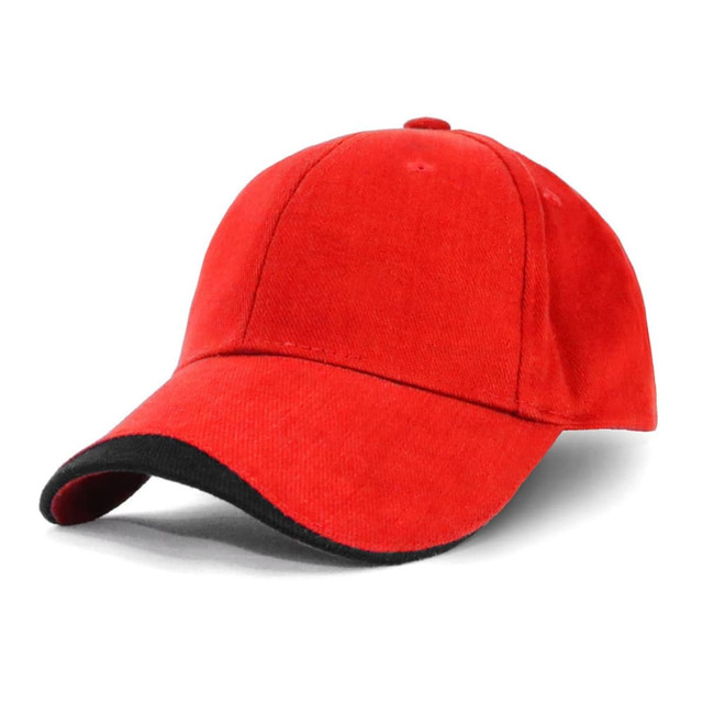 A red cap with a black brim, featuring a logo on the front. Ideal for casual wear.