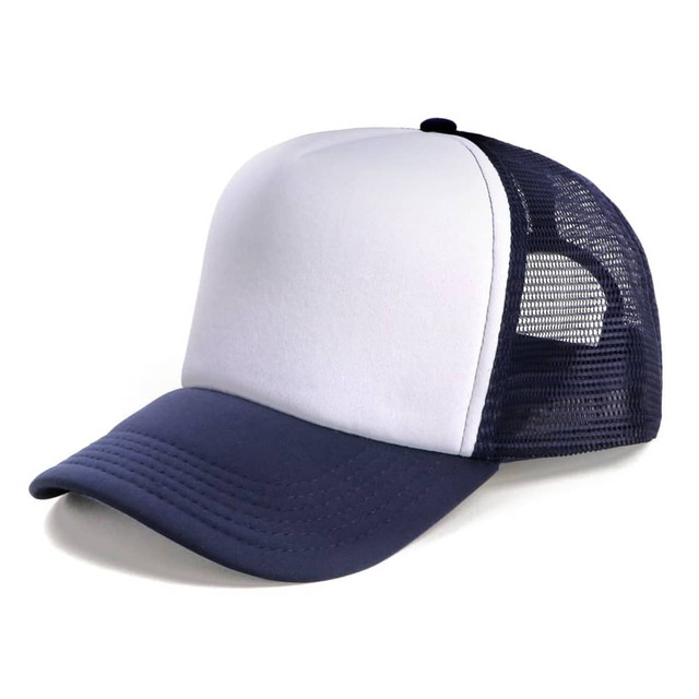 A navy and white Polymesh Trucker Cap featuring a mesh back and a front panel for branding.