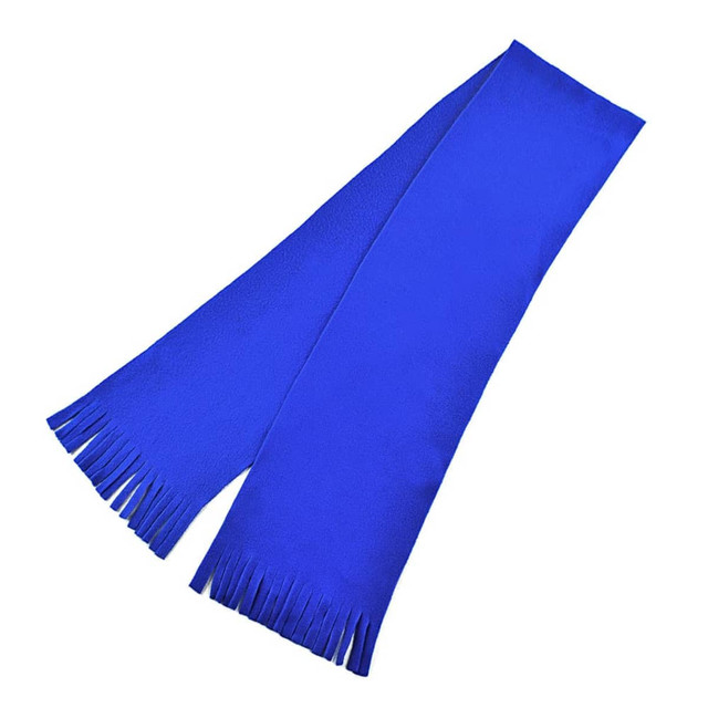 A vibrant blue scarf with fringe detailing, perfect for adding style to any outfit.