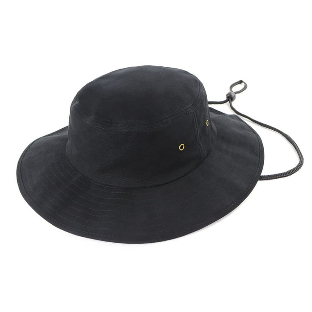 A black bucket hat with a wide brim and adjustable chin strap, featuring gold eyelets for ventilation.