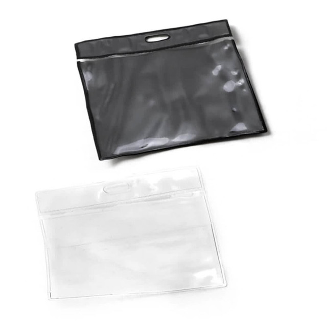 Two vinyl card holders, one clear and one black, featuring a top opening and a hanging hole.