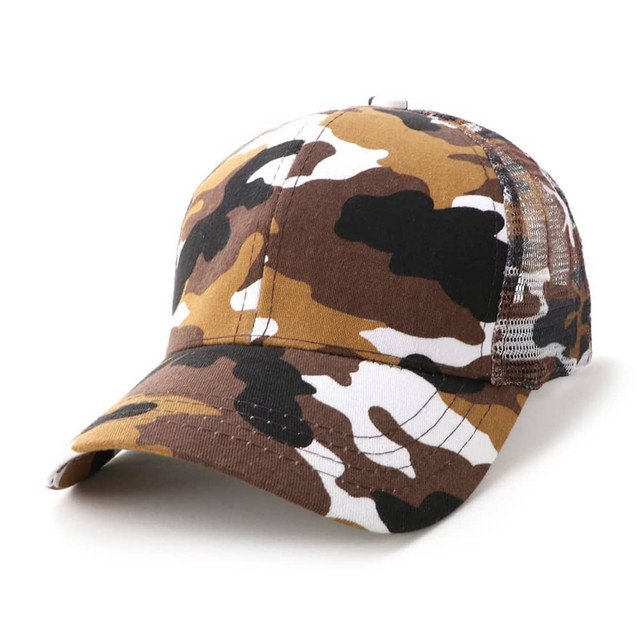A camo-patterned 6-panel cap in brown, tan, and black with a mesh backing and an embroidered logo.