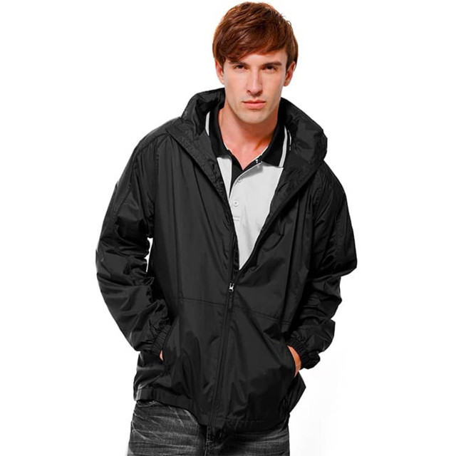 A black jacket featuring a hood, worn by a person with short brown hair, standing casually.