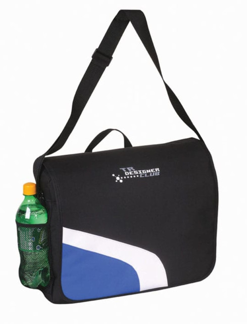 A black conference bag with a blue accent, featuring a shoulder strap and a side pocket holding a drink bottle.