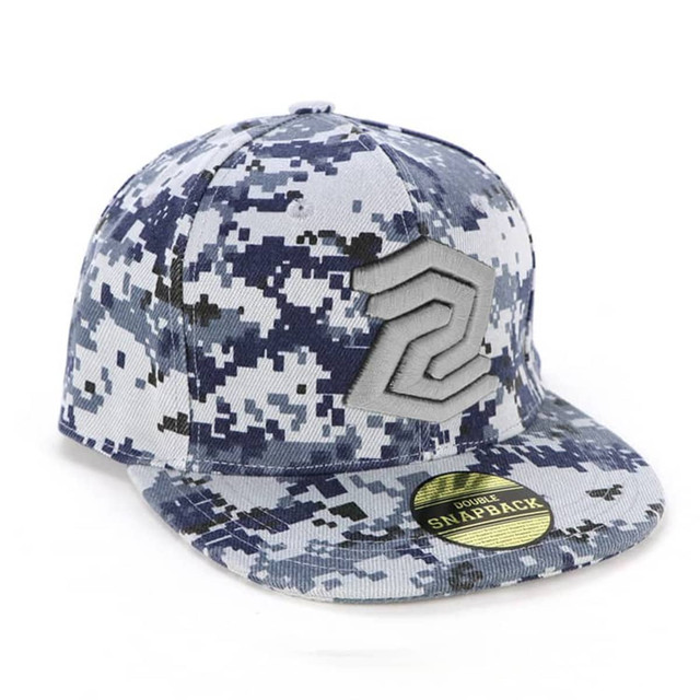 A blue and grey camo cap with a logo on the front and a flat brim.