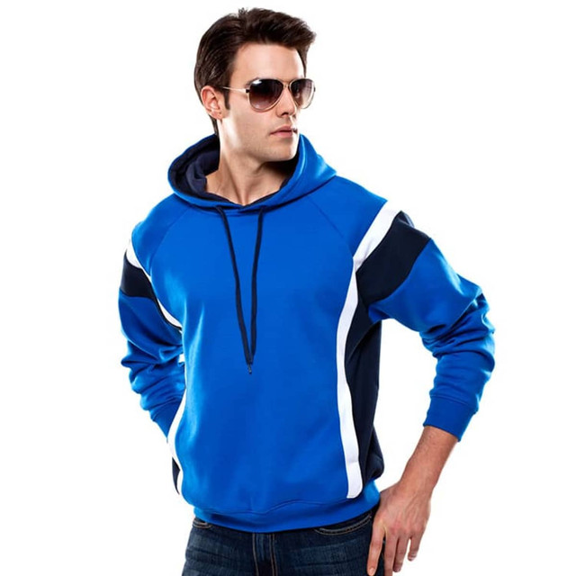 A blue hoodie with navy accents and a logo, worn by a man in sunglasses.