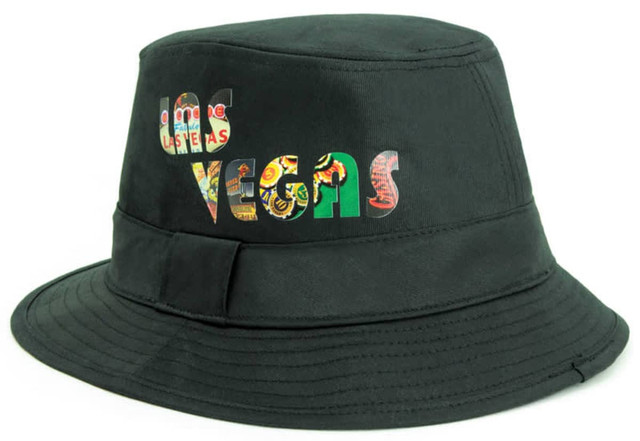 A black Trilby hat featuring colourful text with a Las Vegas theme and a logo on the side.