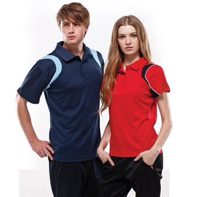 A navy blue polo shirt and a red polo shirt displayed on male and female models, both featuring contrasting accents and a logo.