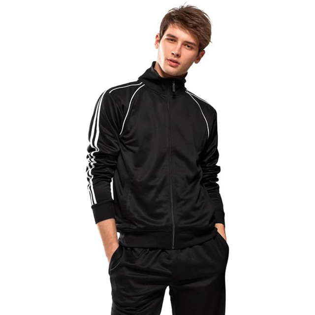 A black Velocity Jacket featuring white stripes along the sleeves, designed with a high collar and zip closure.