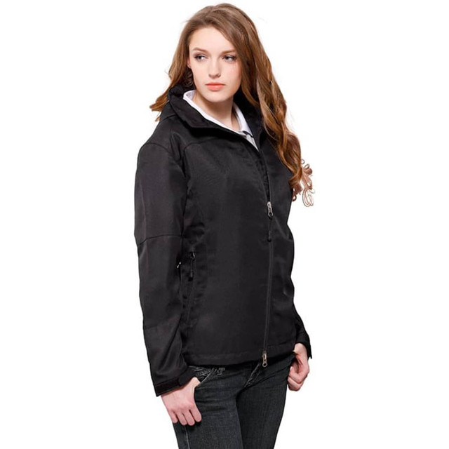 A black jacket features a zippered front and a hood, displayed against a plain background with a model.
