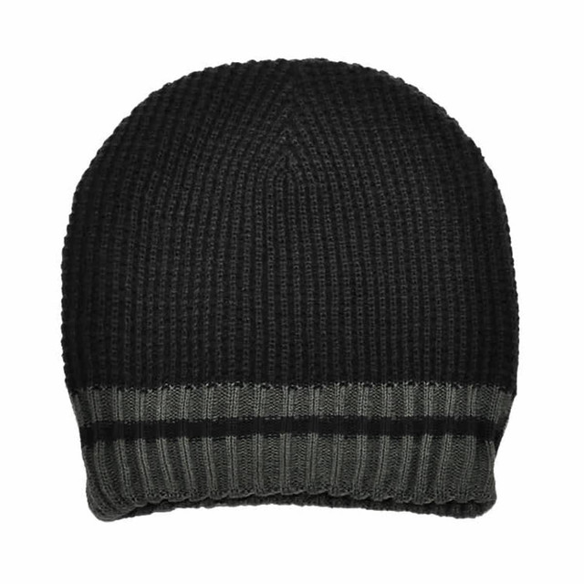 Acrylic knit beanie in black and grey, featuring a ribbed texture and a striped band at the bottom.