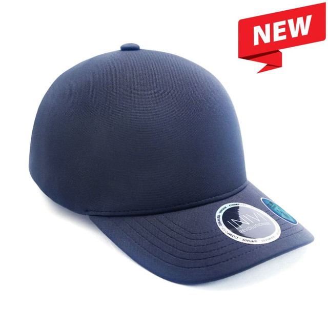 A navy blue cap made of 100% polyester (Cool Dry) with a logo on the side.
