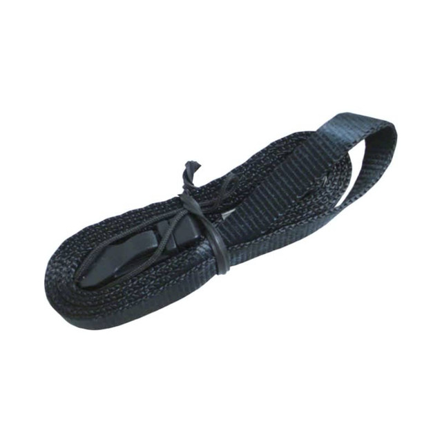 A black lanyard with a flat design, bundled with a plastic tie for storage. It features a logo.