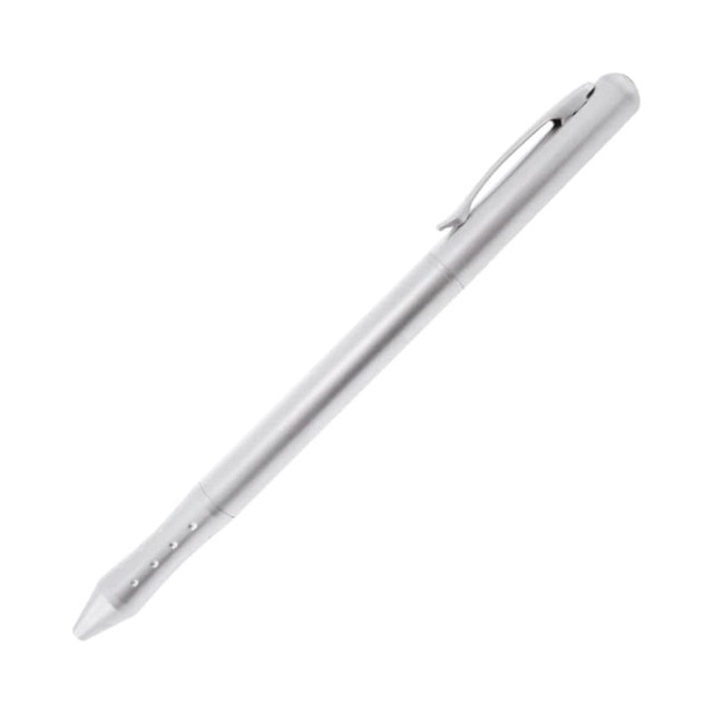 A sleek silver metal pen featuring a clip and a pointed tip, with a subtle logo on the body.