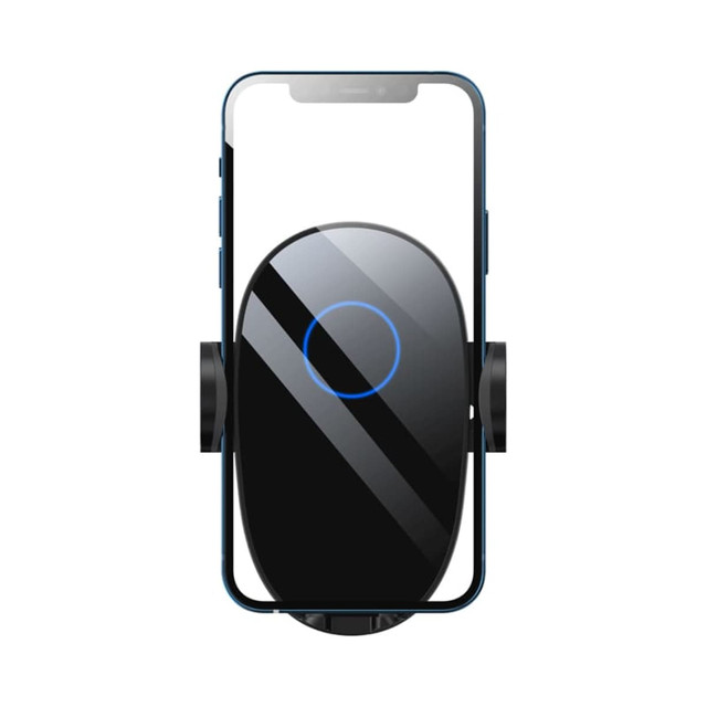 A black wireless car charger with a blue indicator light, designed to hold smartphones in place.