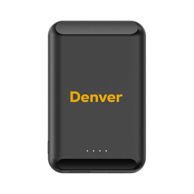 A black Denver magnetic wireless power bank with a logo and indicator lights on the front.
