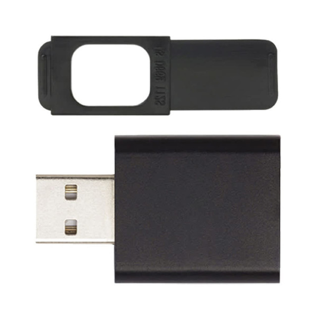 A black USB security device with a removable cover for webcam privacy.